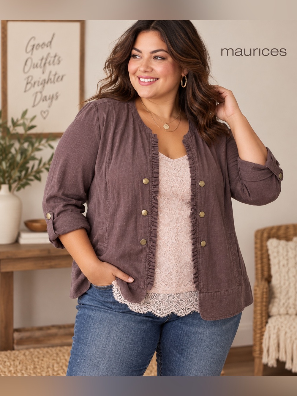 Maurices XXL Mauve Linen Blend Ruffle Military Jacket + Lace Cami